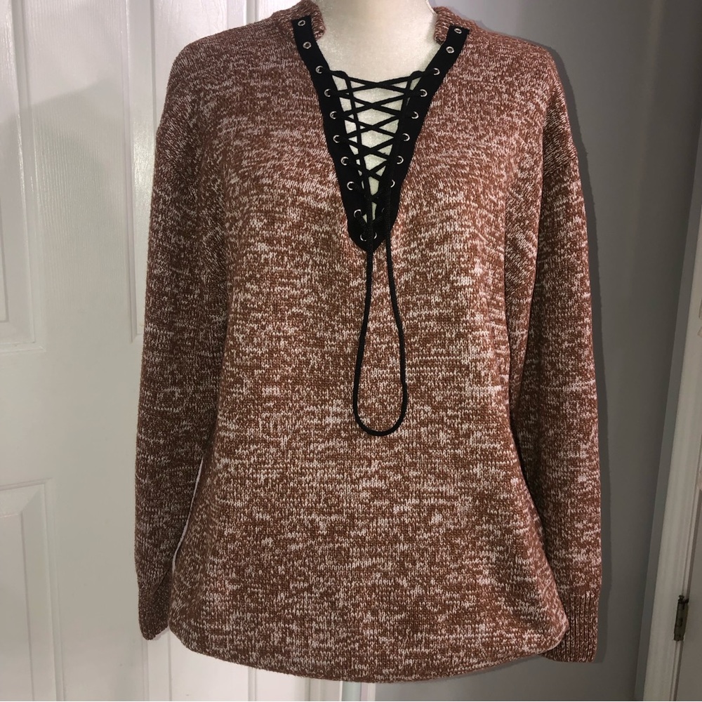 Women’s cozy thick knit oversized sweater Sz XL Brown lace up front pullover